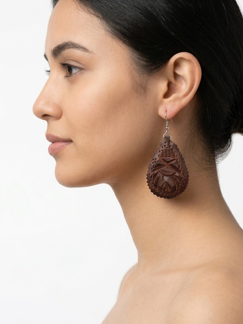Carved Wood Teardrop Earrings Boho Tribal Statement Artisan